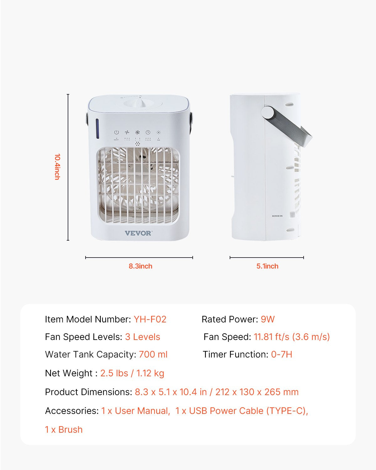 Portable Air Conditioner 4-in-1 Evaporative Air Cooler 700ml Water Tank